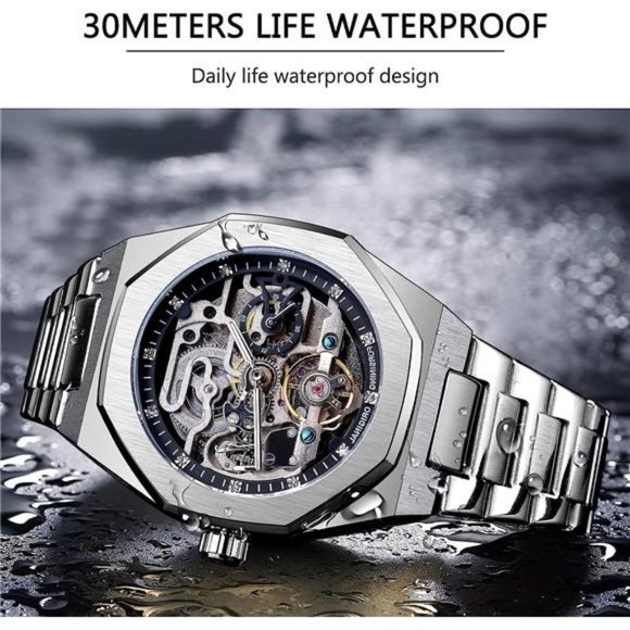 Automatic Watch Mechanical WristWatch for Men Octagonal Waterproof SkeletonWatch - Picture 2 of 6